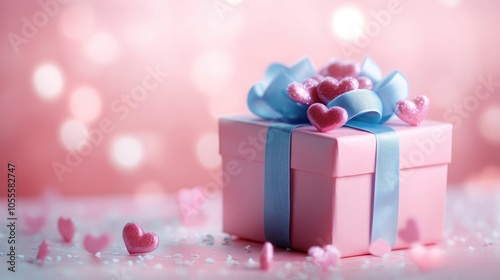 A pink gift box adorned with a blue ribbon and topped with a cluster of hearts