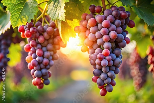Wallpaper Mural A cluster of ripe red grapes hanging from a vine branch in the early morning sunlight, grapes, wine production, vine Torontodigital.ca