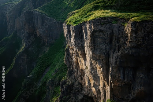 Vast dramatic landscape of a rocky hanging cliff in a remote wilderness, showcasing nature's raw beauty.