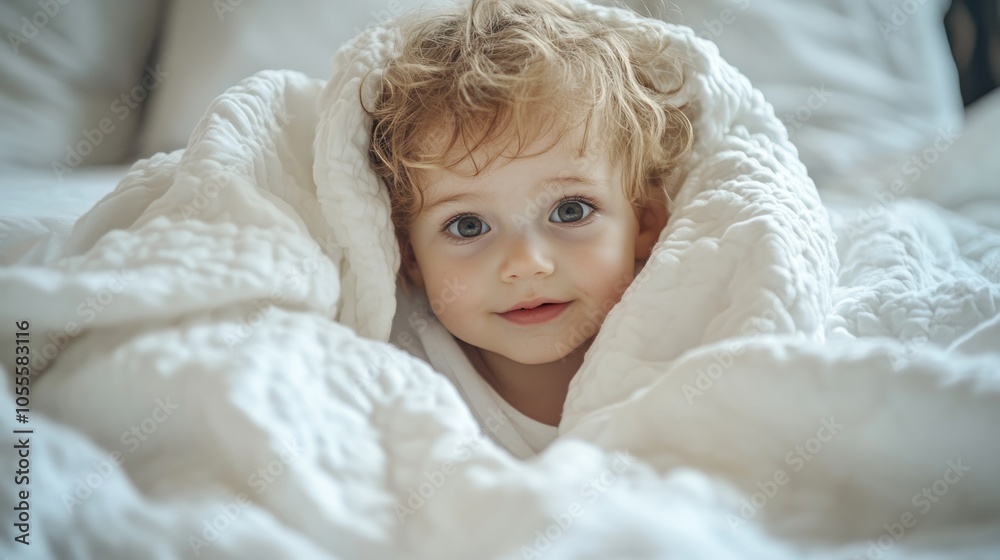 A charming child snuggled in a white blanket enjoying playtime on the bed A charming child snuggled in a white blanket enjoying playtime on the bed