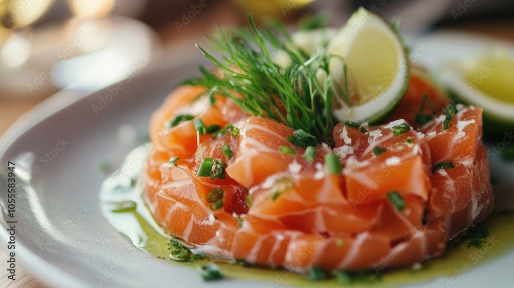Salmon tartare served with a fresh raw valerian salad close up detail Salmon tartare served with a fresh raw valerian salad close up detail