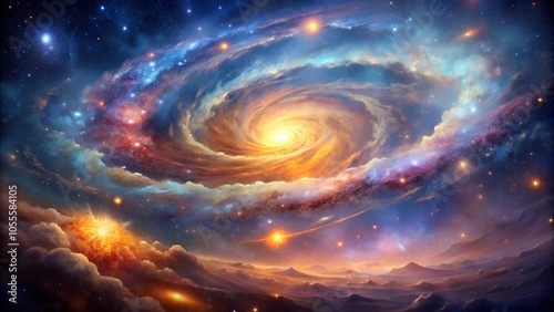 Stunning galaxy illustration with swirling stars and vibrant colors in a cosmic scene