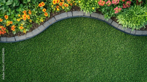 A top-down view of lawn edging installed along a garden bed, with grass and flowers nearby. The focus is on the edging's design and material. photo