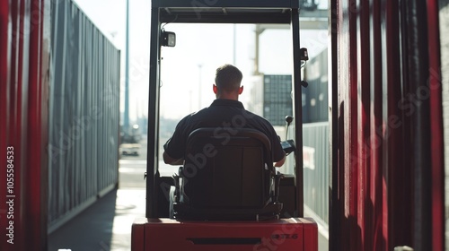 Back view of logistics coordinator driving a container forklift, container being lifted at shipping port, front view, cargo handling efficiency