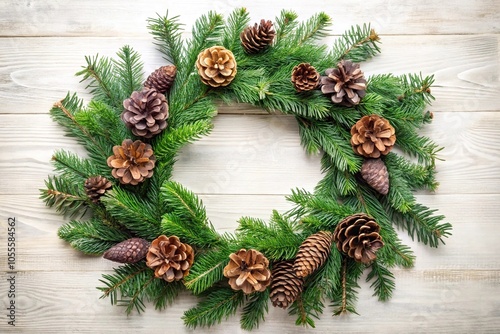 Festive holiday wreath made of evergreen branches and pinecones, festive wreaths, winter wreaths, greenery arrangement, holly like leaves photo