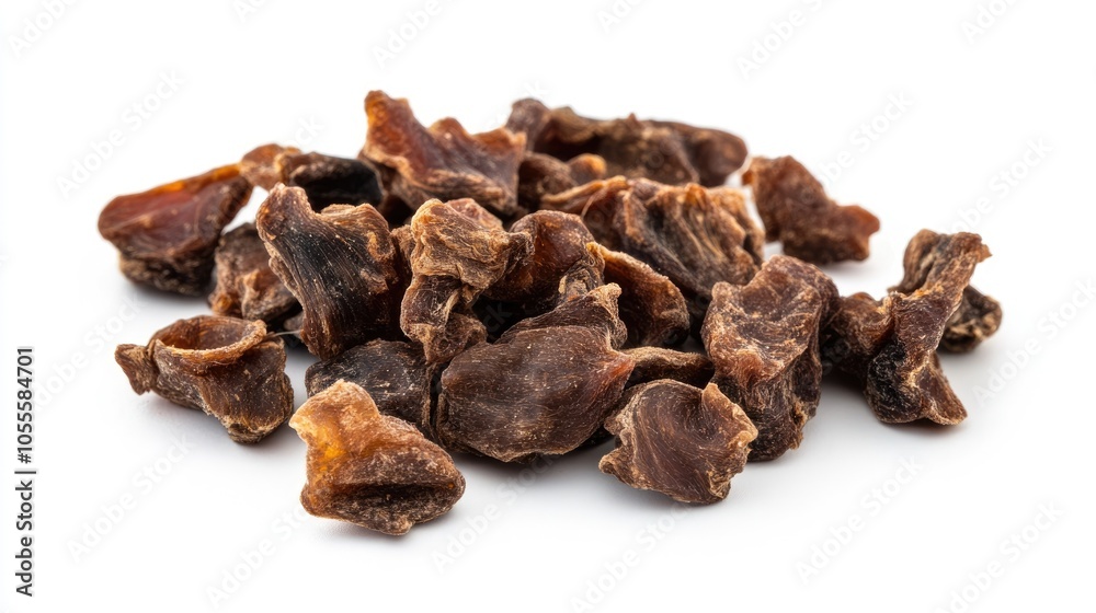 Dried beef lung bits a chewable and nearly fat free natural treat for dogs set against a white backdrop Dried beef lung bits a chewable and nearly fat free natural treat for dogs set against a white backdrop