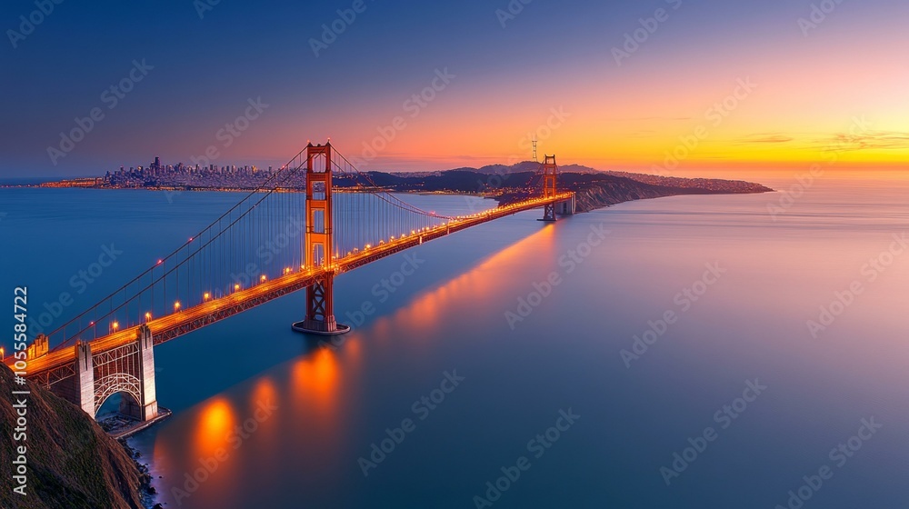 Fototapeta premium A scenic bridge spans a tranquil river, surrounded by lush greenery and a clear blue sky.