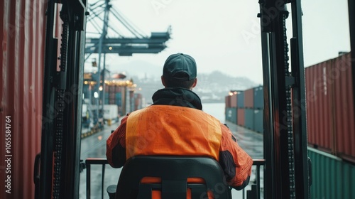 Back view of logistics coordinator driving a container forklift, container being lifted at shipping port, front view, cargo handling efficiency