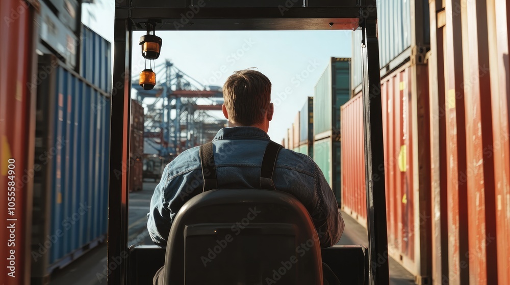 Naklejka premium Back view of logistics coordinator driving a container forklift, container being lifted at shipping port, front view, cargo handling efficiency