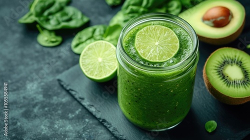 Green detox smoothie in a glass jar made with spinach kiwi lime and avocado on a dark stone surface A nutritious and vitamin rich beverage option photo