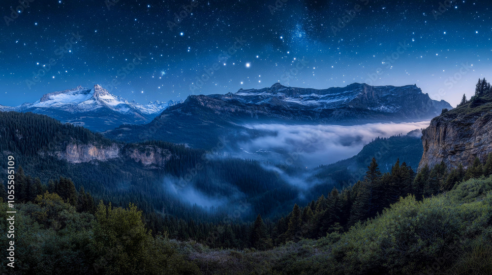 Majestic mountain range under a starry night sky with sparse trees silhouetted in the foreground. Majestic mountain range under a starry night sky with sparse trees silhouetted in the foreground.