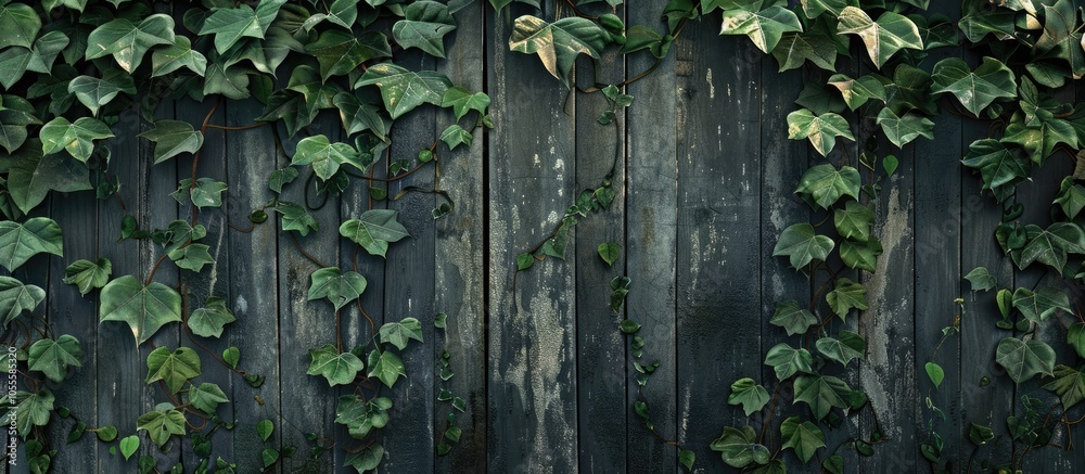 Lush green ivy leaves enveloping an aged rustic garden fence creating a natural background texture suitable for a copy space image Lush green ivy leaves enveloping an aged rustic garden fence creating a natural background texture suitable for a copy space image