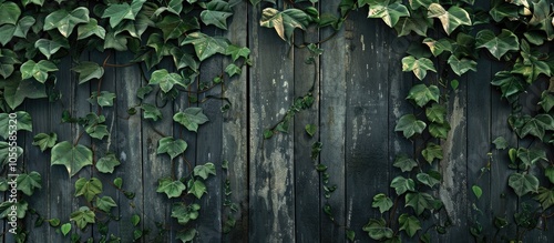 Lush green ivy leaves enveloping an aged rustic garden fence creating a natural background texture suitable for a copy space image