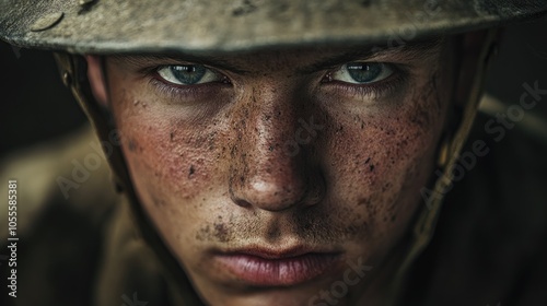 Soldier from World War I portrayed with a serious expression in evocative cinematic lighting