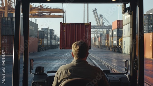 Back view of logistics coordinator driving a container forklift, container being lifted at shipping port, front view, cargo handling efficiency photo