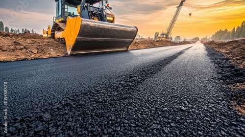 A construction scene showing a heavy asphalt roller smoothing a freshly laid road under a vibrant sunset sky. photo