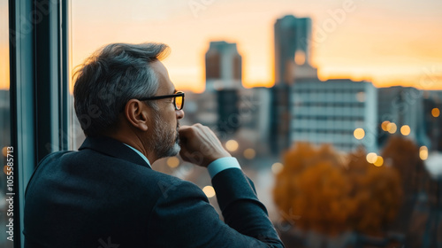 Middle-aged man with gray hair and glasses looking pensively out a window overlooking a cityscape at sunset. photo