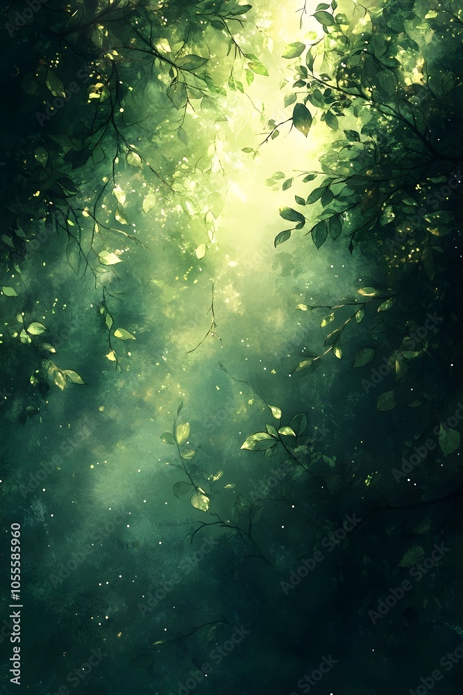 Naklejka premium A serene view of lush green foliage with soft sunlight filtering through, creating a tranquil and enchanting atmosphere in a dense forest.