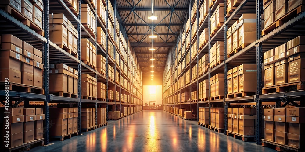 Fototapeta premium Wide View of a Warehouse Aisle with Cardboard Boxes and Metal Shelves - Logistics and Storage Photography