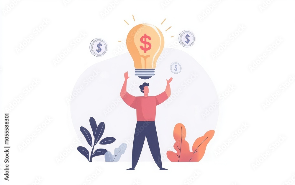 A flat vector illustration of a businessman holding up an idea bulb featuring a dollar sign, symbolizing innovative financial concepts. A flat vector illustration of a businessman holding up an idea bulb featuring a dollar sign, symbolizing innovative financial concepts.