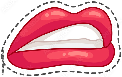 Cartoon illustration of red lips slightly parted showing teeth biting down, isolated on white background with black dashed cut out outline