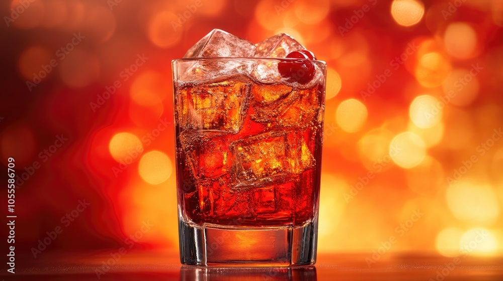 Tall square glass featuring large ice cubes and a vibrant red alcoholic drink or cherry juice set against a striking red and orange backdrop