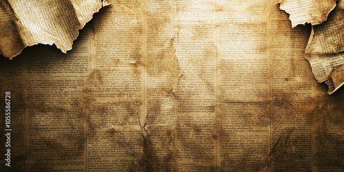 Vintage newspaper with sepia texture. An antique document, aged and torn, captures historic print. Nostalgia in a classic style, perfect for media or storytelling backgrounds.