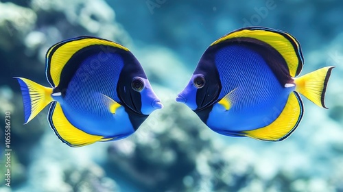 Two vibrant blue and yellow surgeonfish swim swiftly together in a clear ocean ideal for promoting diving snorkeling underwater life education and marine conservation materials photo