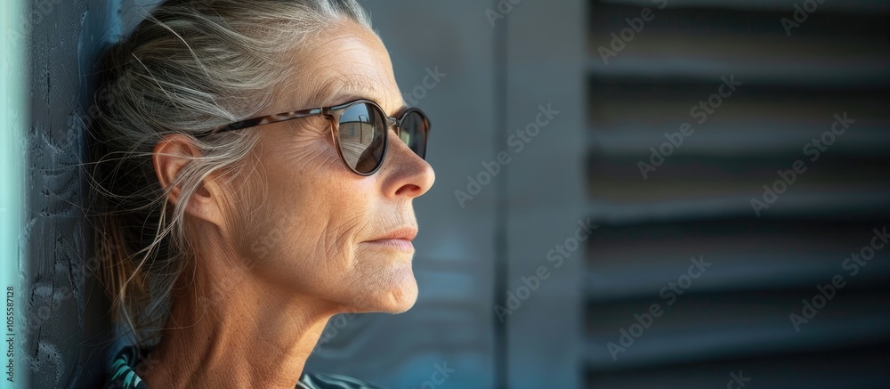 Side View Of A Middle Aged Female Looking Out To See Wearing Sunglasses Side View Of A Middle Aged Female Looking Out To See Wearing Sunglasses