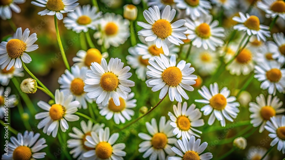 Aerial view of white chamomile flowers in forest Aerial view of white chamomile flowers in forest
