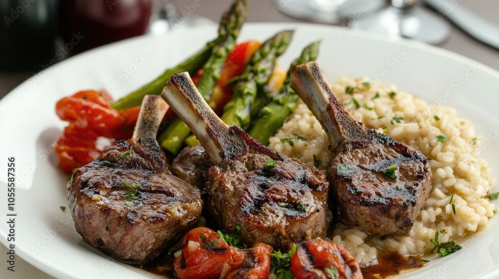 Grilled lamb chops served with creamy risotto and charred asparagus featuring tender meat alongside vibrant vegetables on a dinner plate