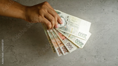 Hand holding czech koruna banknotes against a concrete background, highlighting currency and finance concepts.