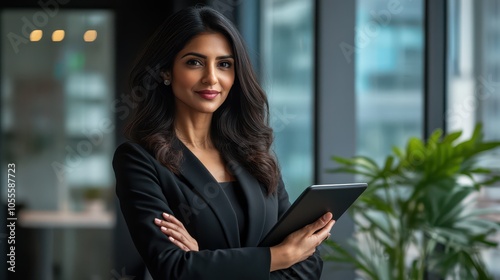 Confident South Asian Female Tech CEO in Minimalist Black Suit: Dynamic Portrait in Executive Boardroom with Edge Lighting, Three-Quarter Composition.