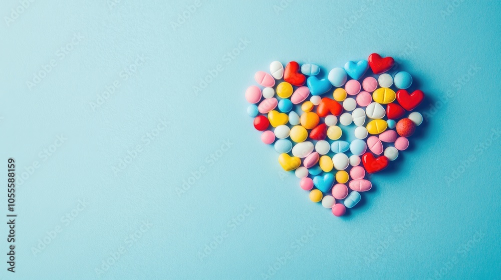 Vibrant heart shaped pills on a blue backdrop representing the pharmaceutical theme