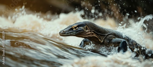 An Asian water monitor lizard gracefully glides through a flowing river in a striking image with copy space photo