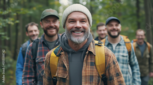 Smiling Man Hiking with a Friend in the Forest
