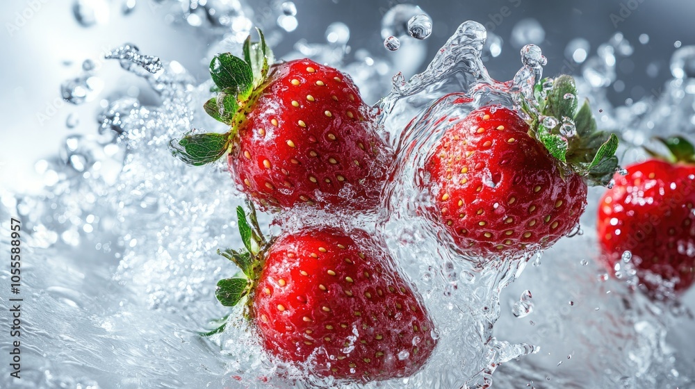 Strawberries plunging into a splash of water against a clean backdrop Strawberries plunging into a splash of water against a clean backdrop