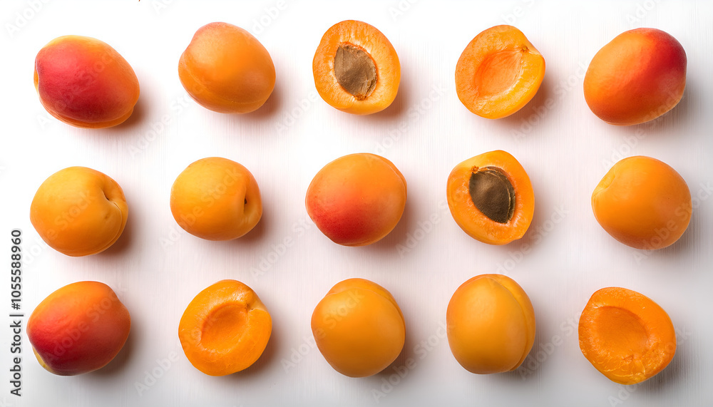 A top-down view of fresh apricots neatly arranged in rows on a white background. Some fruits are halved to reveal their seeds, emphasizing natural beauty and simplicity. A top-down view of fresh apricots neatly arranged in rows on a white background. Some fruits are halved to reveal their seeds, emphasizing natural beauty and simplicity.