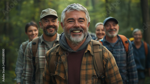 Smiling Man Hiking with a Friend in the Forest
