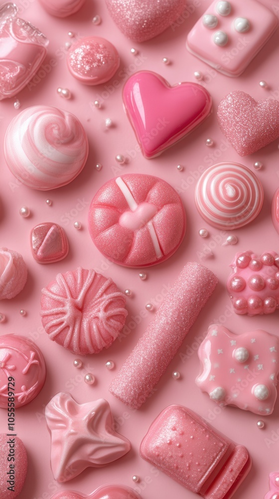A charming collection of various pastel pink candies is beautifully displayed on a smooth, light pink surface. The assortment includes swirls, hearts, and unique shapes, creating a visually appealing A charming collection of various pastel pink candies is beautifully displayed on a smooth, light pink surface. The assortment includes swirls, hearts, and unique shapes, creating a visually appealing