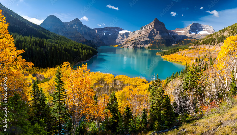 Fototapeta premium Breathtaking view of a serene lake surrounded by vibrant autumn foliage and majestic mountains under a clear blue sky. Perfect for nature and travel inspiration.