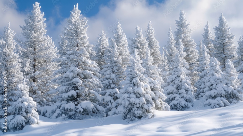 Majestic winter scenery featuring snow laden evergreen trees Majestic winter scenery featuring snow laden evergreen trees