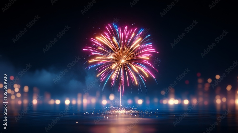 Vibrant fireworks display over a serene water surface Vibrant fireworks display over a serene water surface