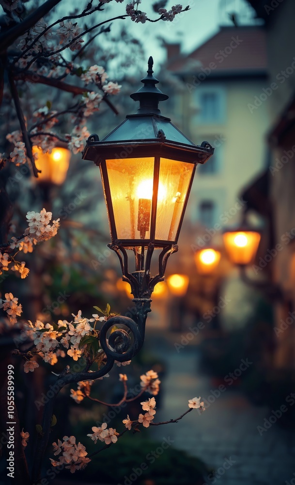 Illuminated old fashioned street lamp framed by blossoming flowers, creating a nostalgic ambiance Illuminated old fashioned street lamp framed by blossoming flowers, creating a nostalgic ambiance