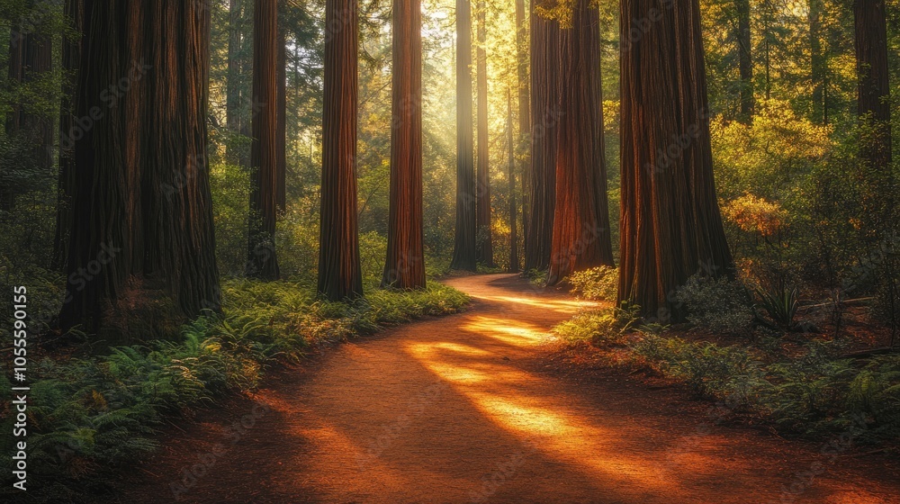 Obraz premium Sunlit forest pathway surrounded by towering trees evoking a peaceful natural atmosphere ideal for hiking and relaxation