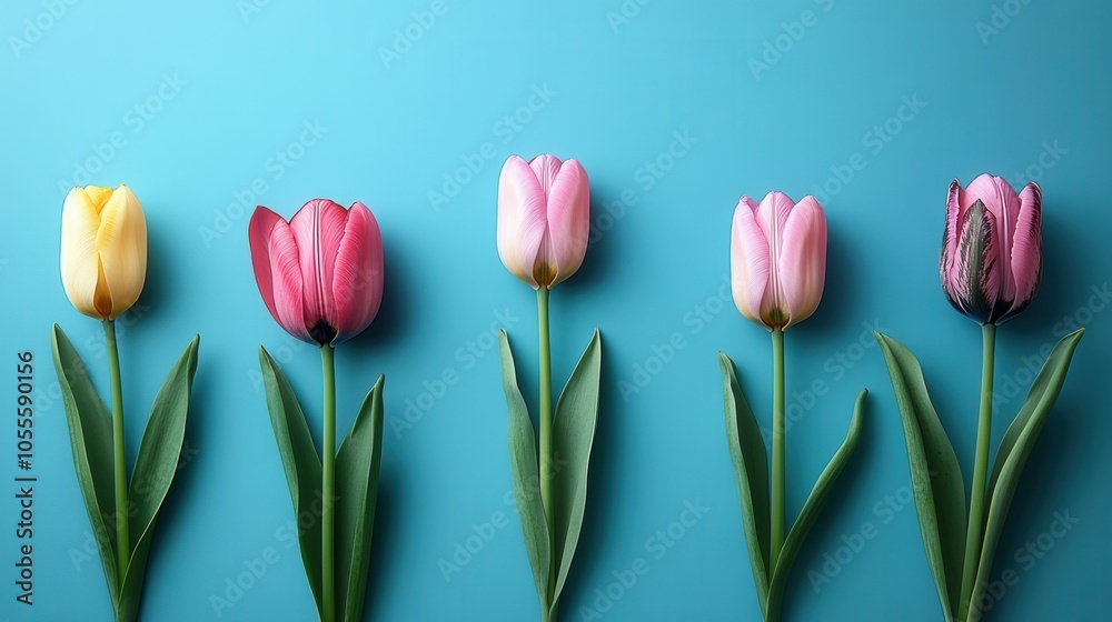 Fototapeta premium A row of five vibrant tulips, including yellow, pink, and purple varieties, is displayed against a striking blue background. This arrangement highlights the beauty of spring flowers, perfect for flora