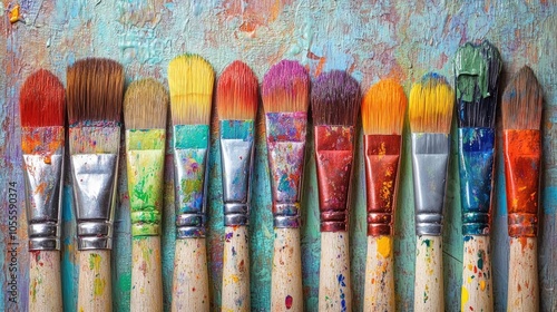 Close up of a row of artist paintbrushes on a textured wooden surface showcasing vibrant colors of paint