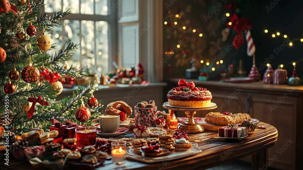 Cozy Christmas morning scene with a tree, presents, and a breakfast table set with holiday treats. . Video Cozy Christmas morning scene with a tree, presents, and a breakfast table set with holiday treats. . Video