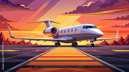 Private jet aircraft parked on runway at sunset, showcasing luxury travel and aviation against a dramatic sky backdrop.