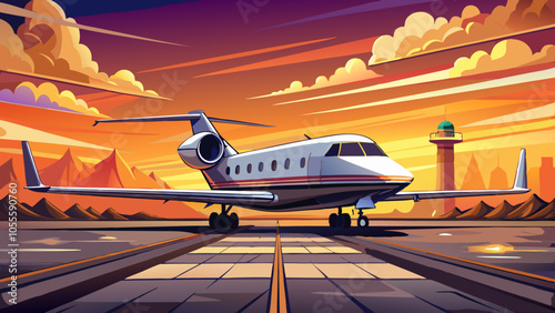 Private jet aircraft parked on runway at sunset, showcasing luxury travel and aviation against a dramatic sky backdrop.